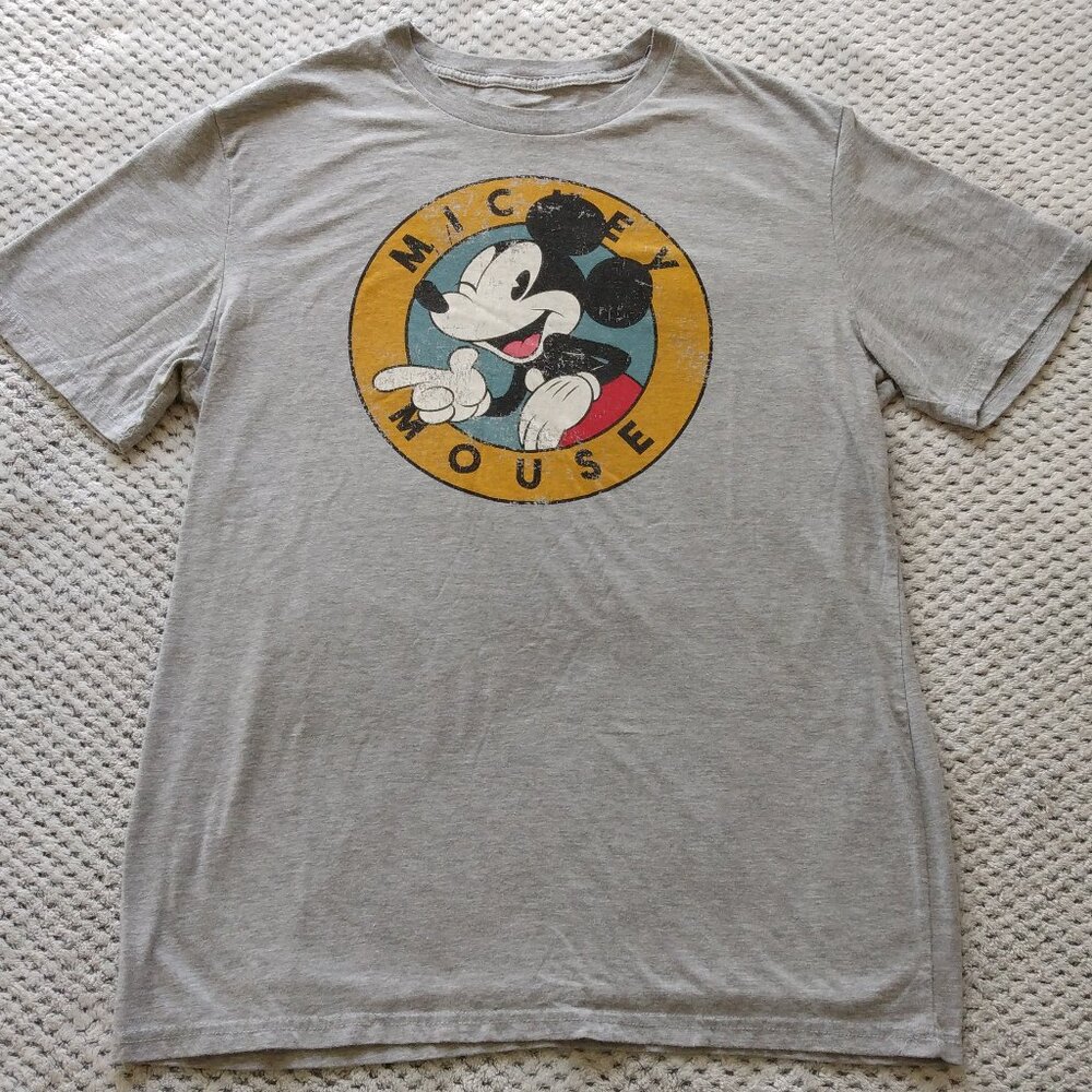 Walt Disney MICKEY MOUSE Wink Retro Distressed Round Logo T-Shirt Size L